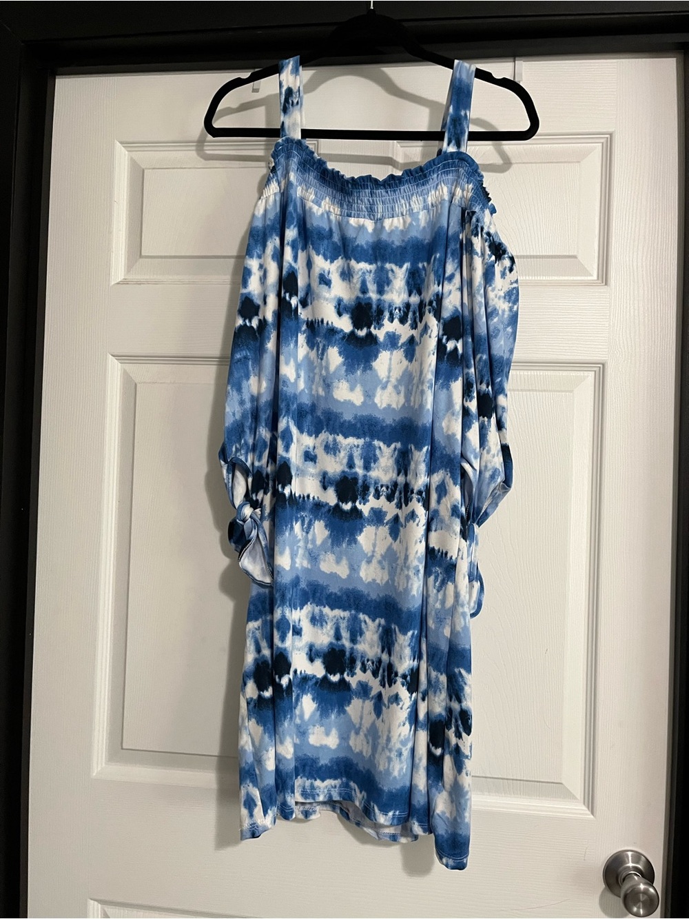 French Laundry Blue and White Tie-Dye Off-Shoulder Dress with Shoulder Straps - Picture 4 of 5